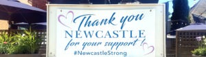 Sign outside The Old Newcastle House that reads, "Thank you Newcastle for your support"."