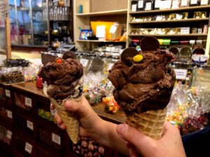 Close up of two chocolate ice cream cones inside the Nutty Chocolatier in Port Perry..