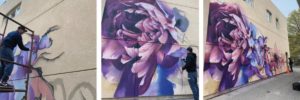 Three progress shots of the flower mural in Downtown Oshawa.