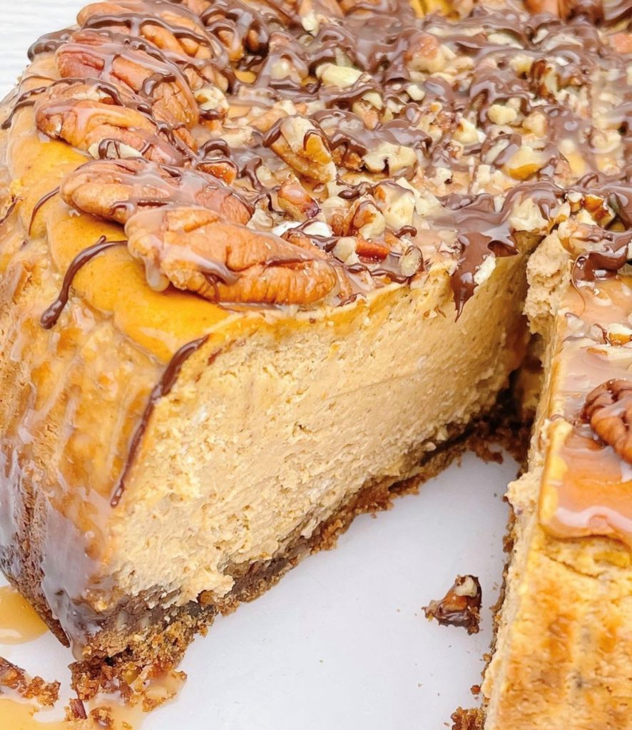 Close up of a Turtle pumpkin cheesecake.