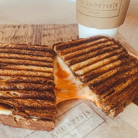 Close up of a grilled cheese sandwich.
