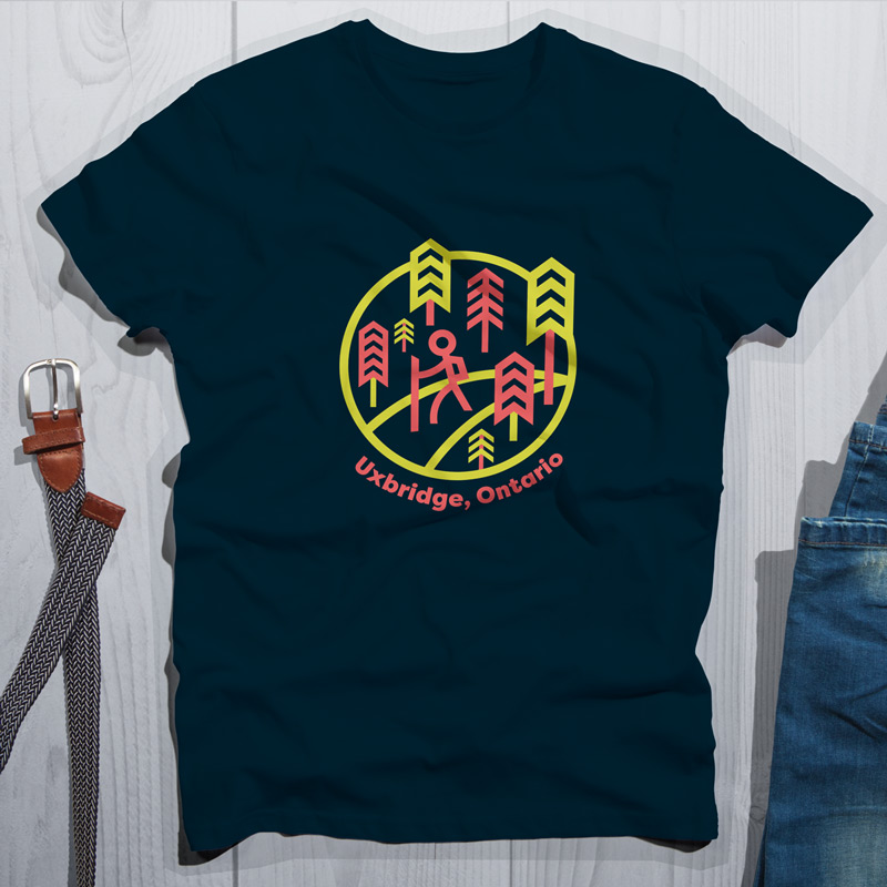Durham is Home Uxbridge t-shirt with hiker and trail design.