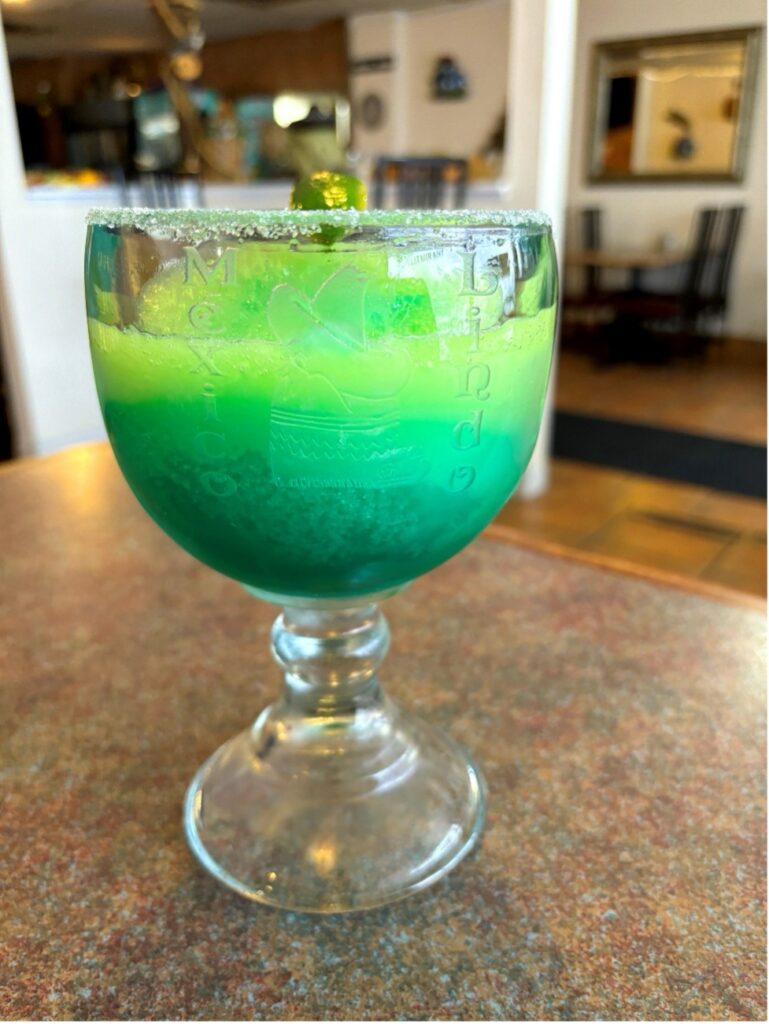 Bright green cocktail at Mexico Lindo.
