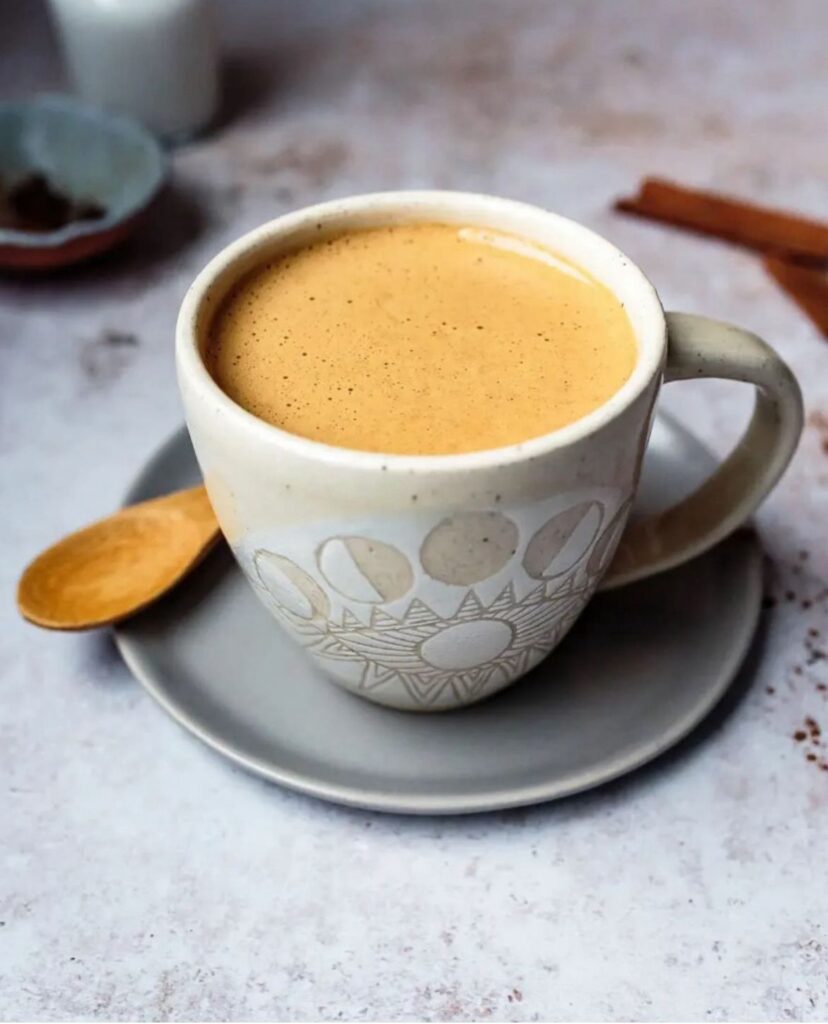Close up of a Chai Chaga Tea in a mug at Bean and Basket.