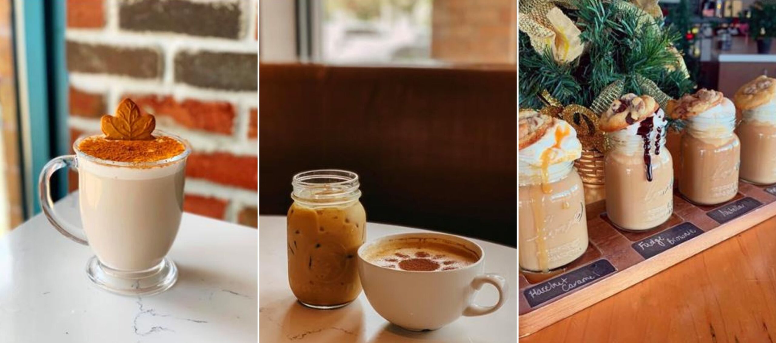 Close ups of creatively garnished lattes from Goldies Cafe in Ajax.