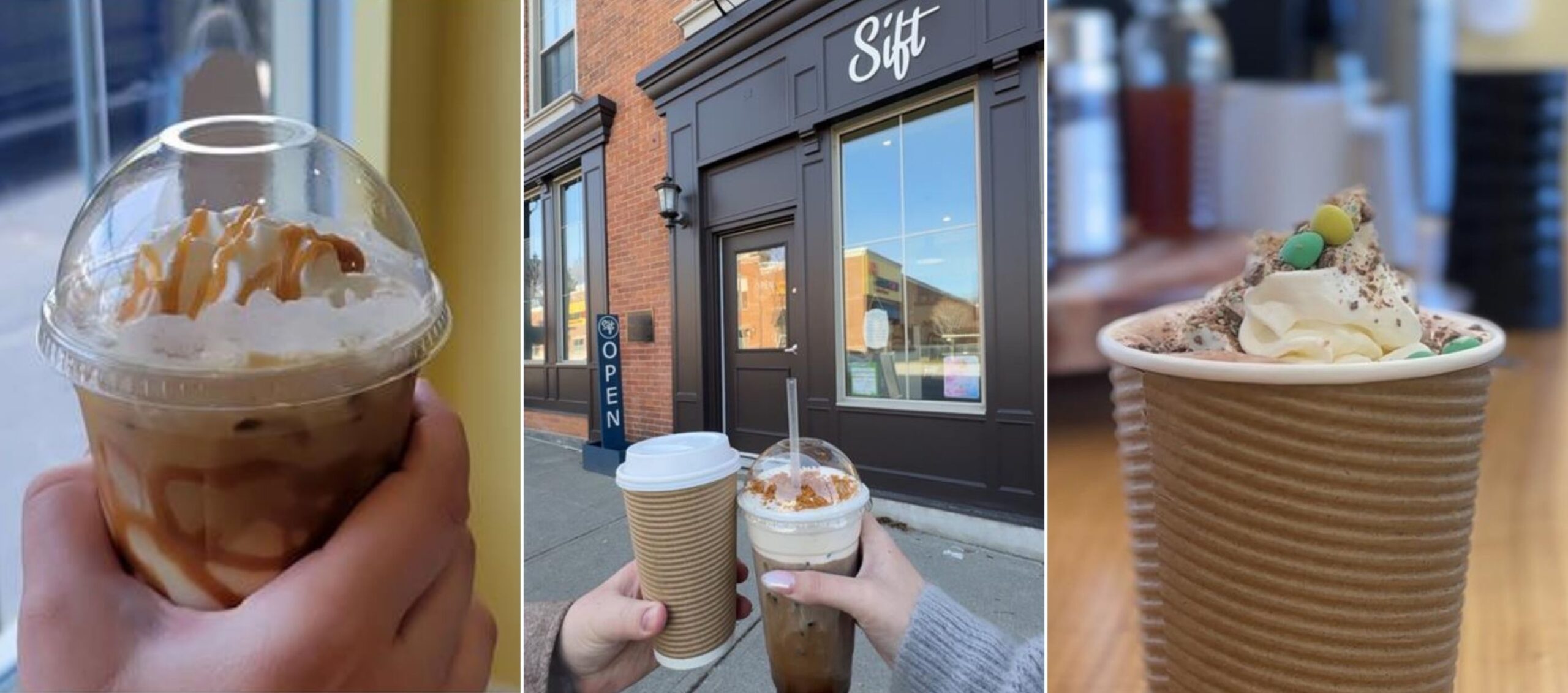 Close up of two different coffees with whipped cream and caramel and chocolate toppings from Sift Bakery in Newcastle.