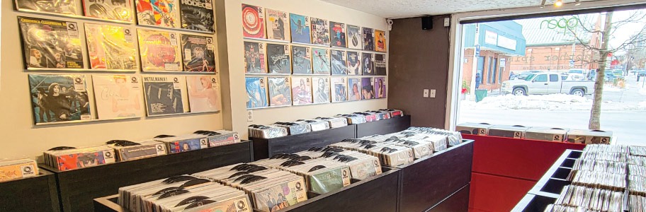 Rows of vinyl records on the shelves at Another Spin Records.