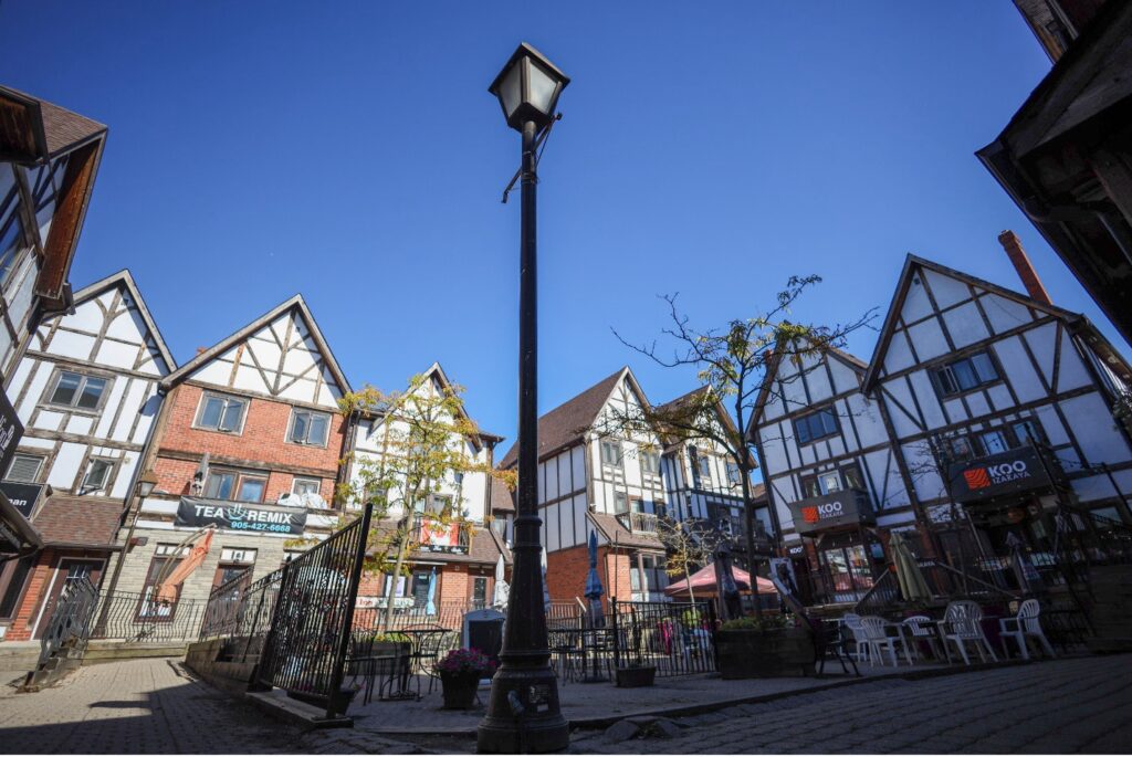 Historic buildings in the courtyard of Pickering Village in Ajax.