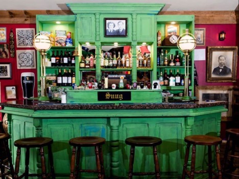 Bright green bar at the Snug Irish restaurant in Newcastle.