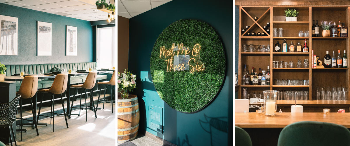 Three interior shots of Three Six kitchen interior showing the seating area, entrance with a "Meet me at Three Six" sign, and bar.