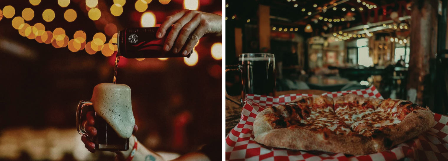 A photo of a can of beer being poured into a glass against a glowy abstract background and a photo of beer an pizza sitting on a table inside the brewery with brick walls and hanging lights in the background.