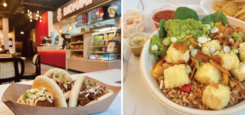 Baos from Bao Mama with the storefont in the background next to a close up of a vegan bowl with fried tofu.