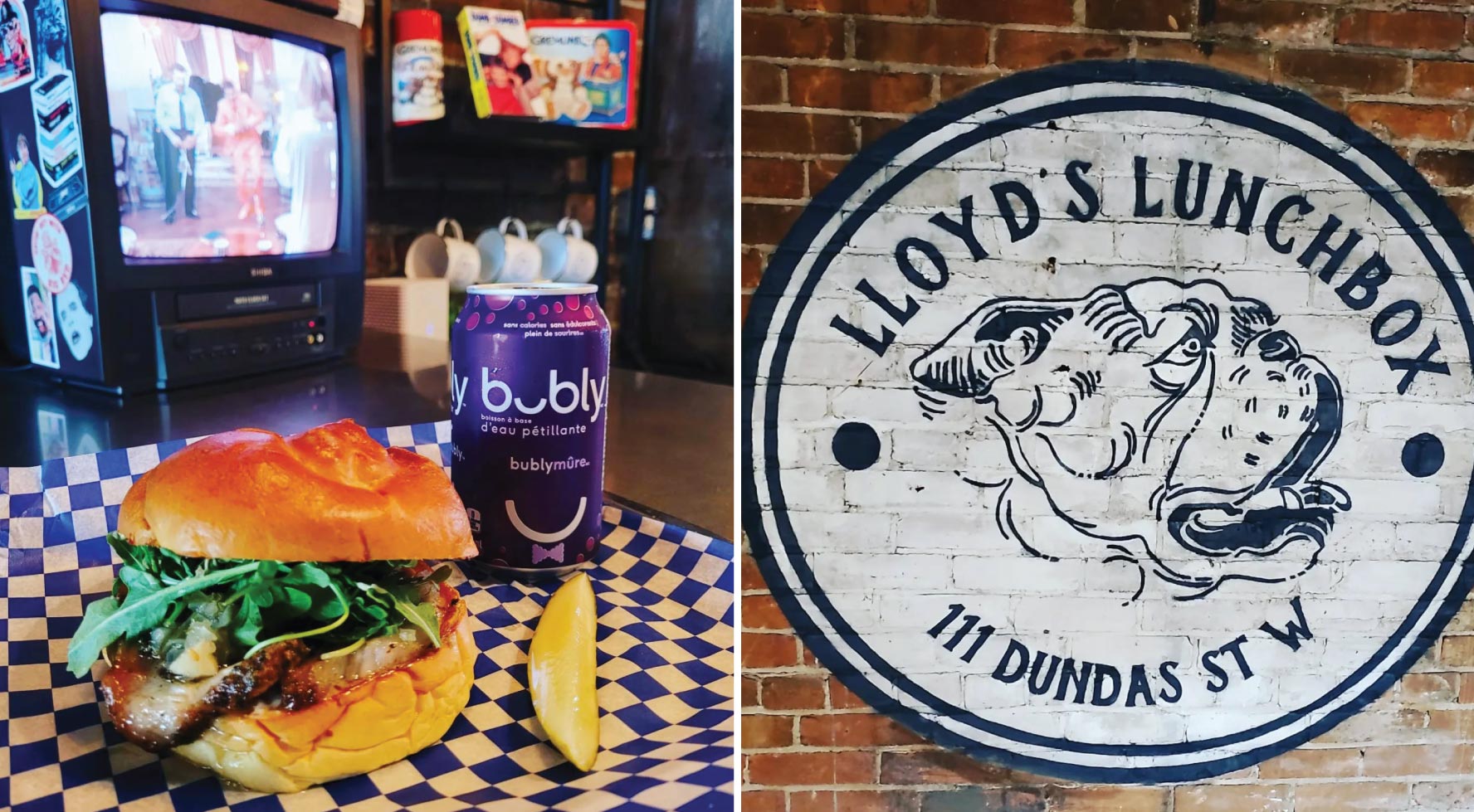 Sandwich and soda in front of an old small TV with the movie, "Dumb and Dumber" on the screen beside a photo of the Lloyd's Lunchbox logo.