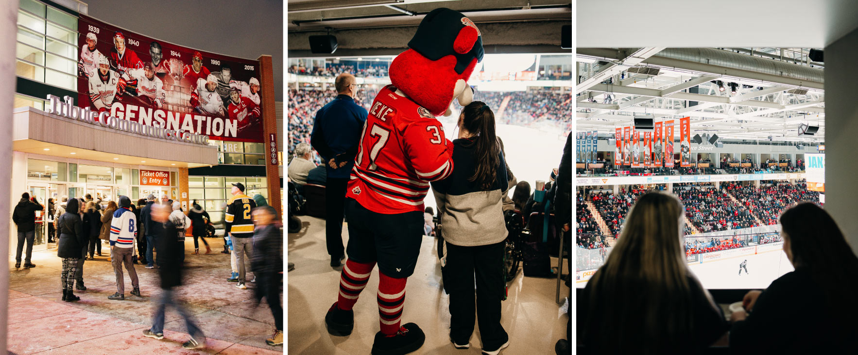 Three images side by side showing people walking into the Tribute Communities Centre, the Oshawa Generals mascot with a girl, and silhouettes of people watching a hockey game.