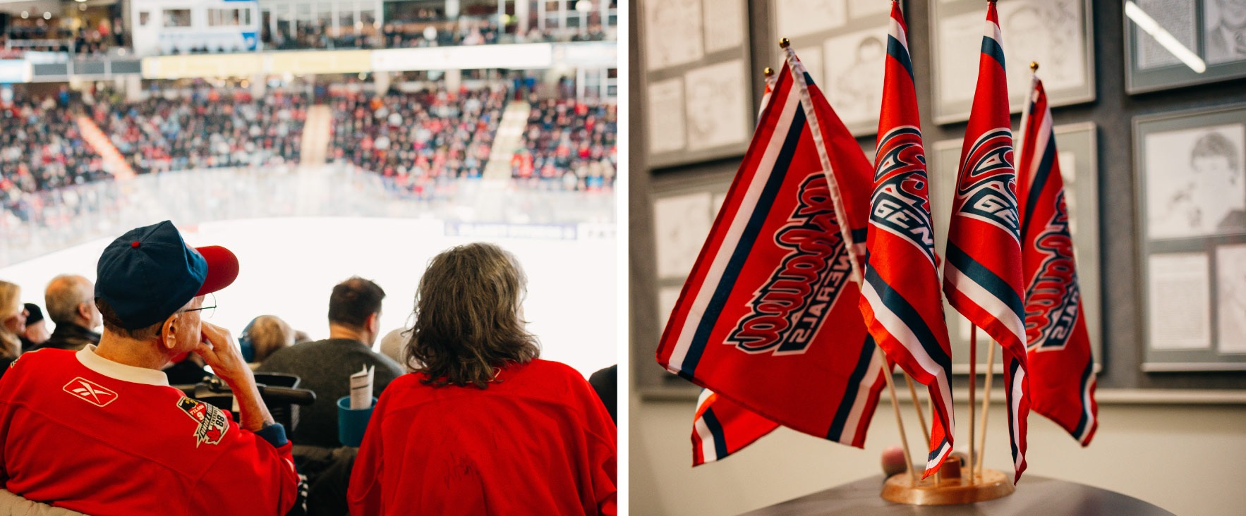 A view from behind a couple of fans sitting in their seats watching the game alongside an image of mini Oshawa Generals flags sitting on a table.