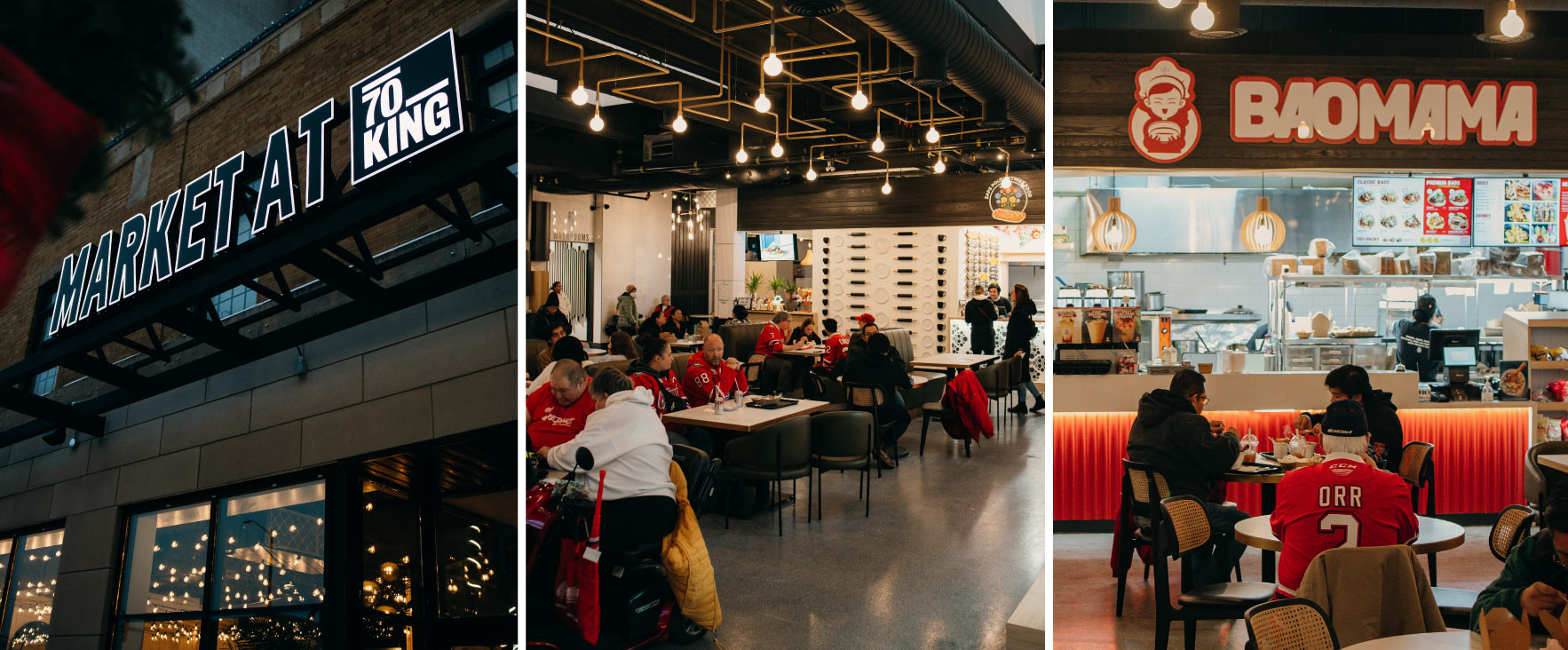 Three images side by side showing the Market at 70 King exterior sign, Oshawa Generals fans dining in the upscale food court with hanging Edison lights, and more fans eating in front of BaoMama.