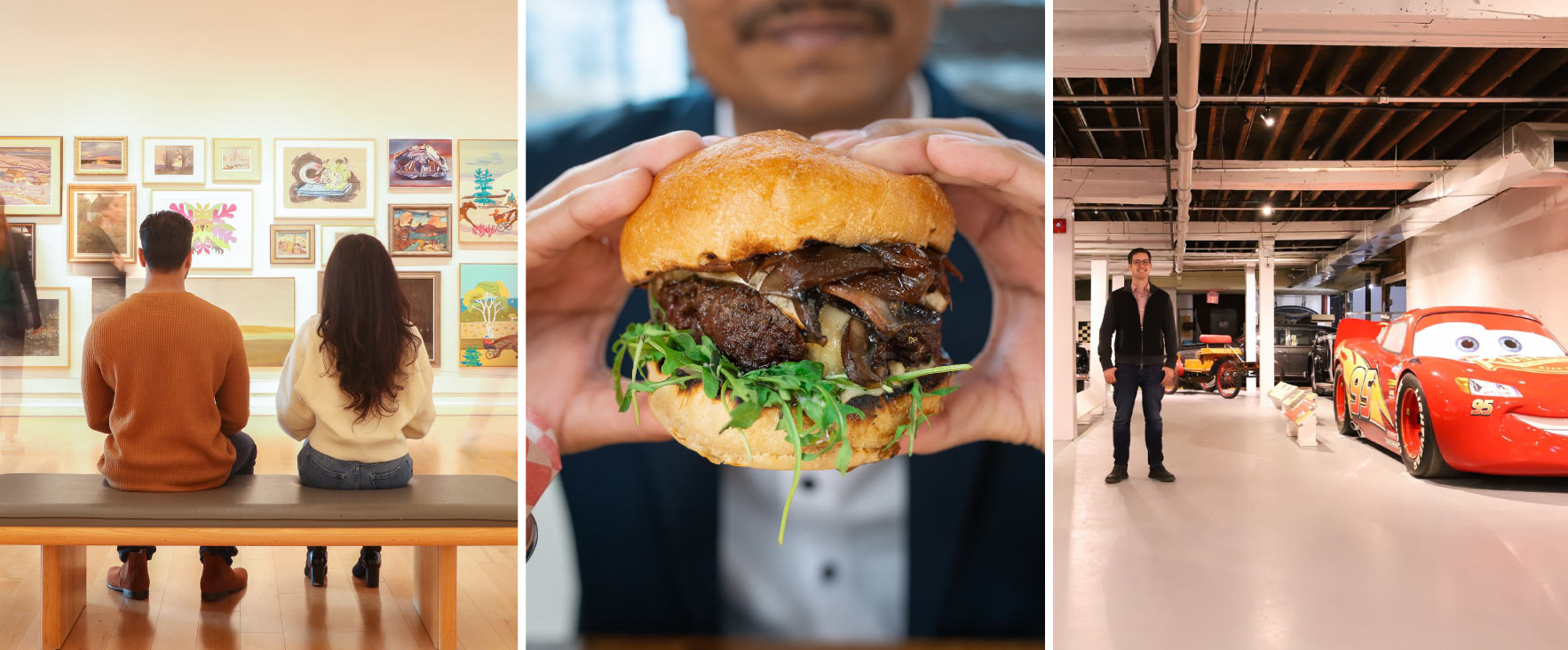 Three images side by side showing a couple sitting on a bench viewing a wall full of art at the Robert McLaughlin Gallery, a close up of a burger, and the Lightning McQueen at the Canadian Automotive Museum.