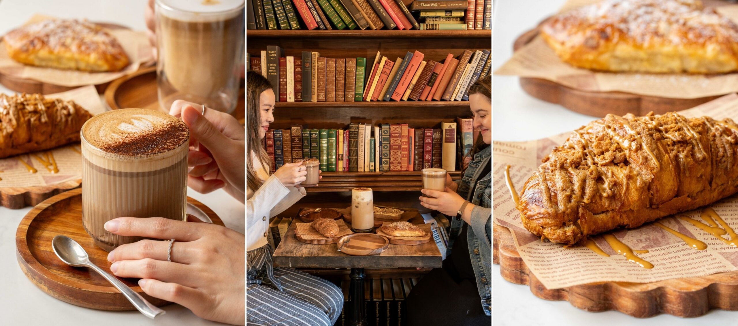 Three images of coffees and desserts from Kareza Cafe in Oshawa.