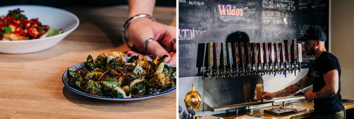 Two photos split with a white line, the first showing a plate of roasted brussel sprouts, and the second showing an employee pouring beer at the bar.