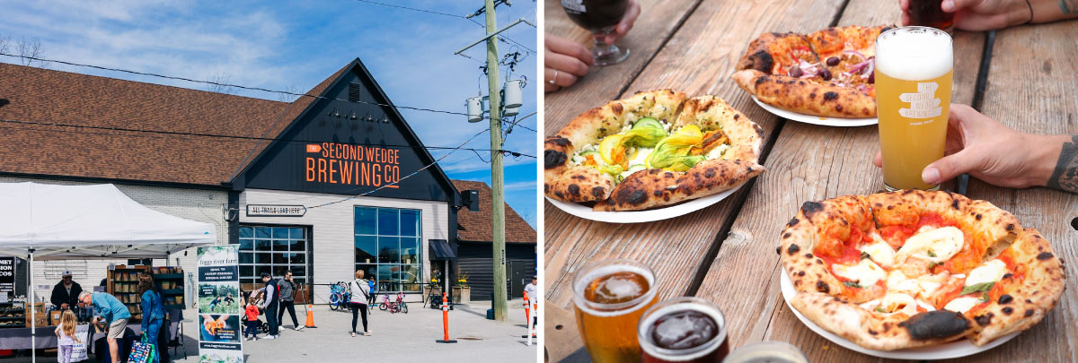 Two photos split with a white line, the first showing the front of The Second Wedge Brewing Co. building with a farmers' market, and the second showing a close up of beer and pizzas on a picnic table.